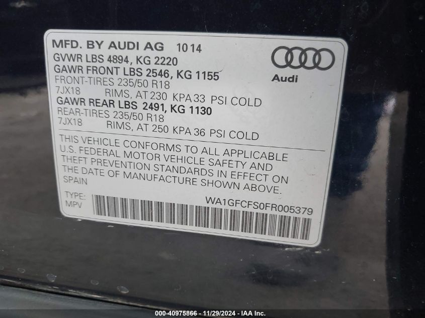 VIN WA1GFCFS0FR005379 2015 AUDI Q3 no.9