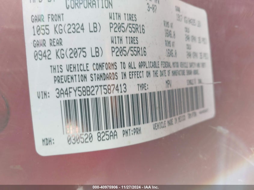 2007 CHRYSLER PT CRUISER VIN: 3A4FY58B27T587413