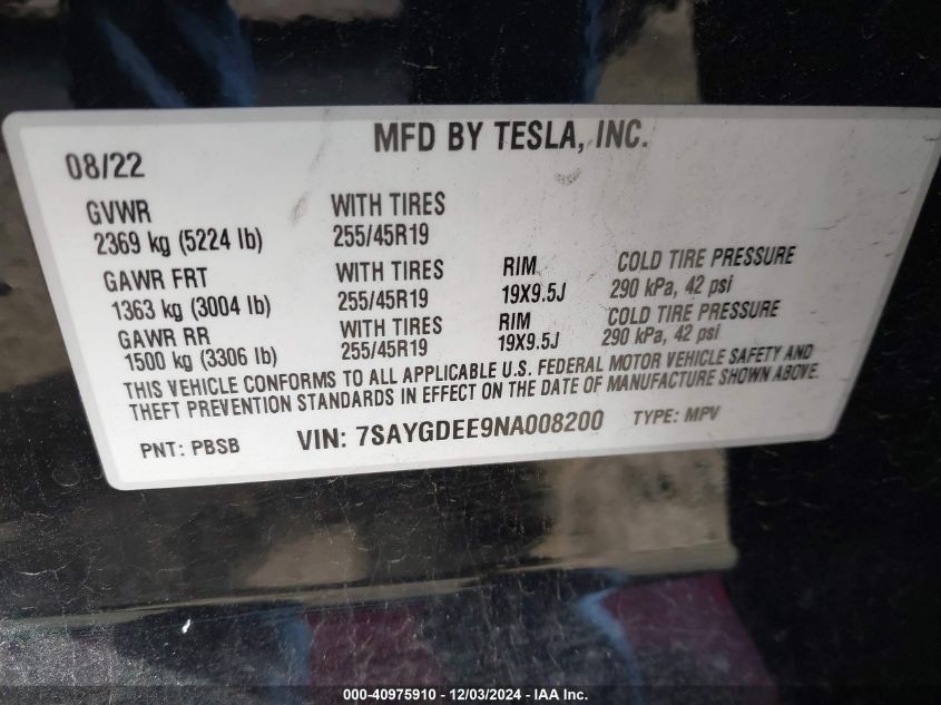 2022 Tesla Model Y Long Range Dual Motor All-Wheel Drive VIN: 7SAYGDEE9NA008200 Lot: 40975910