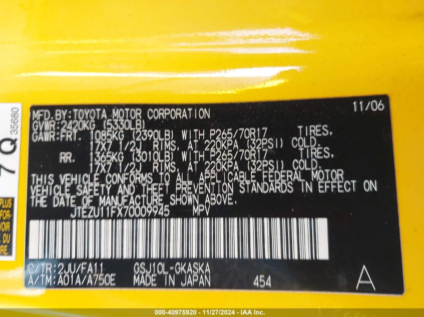 2007 Toyota Fj Cruiser VIN: JTEZU11FX70009945 Lot: 40975920