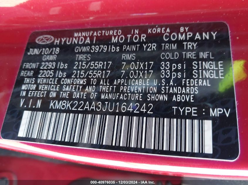 VIN KM8K22AA3JU164242 2018 Hyundai Kona, Sel no.9