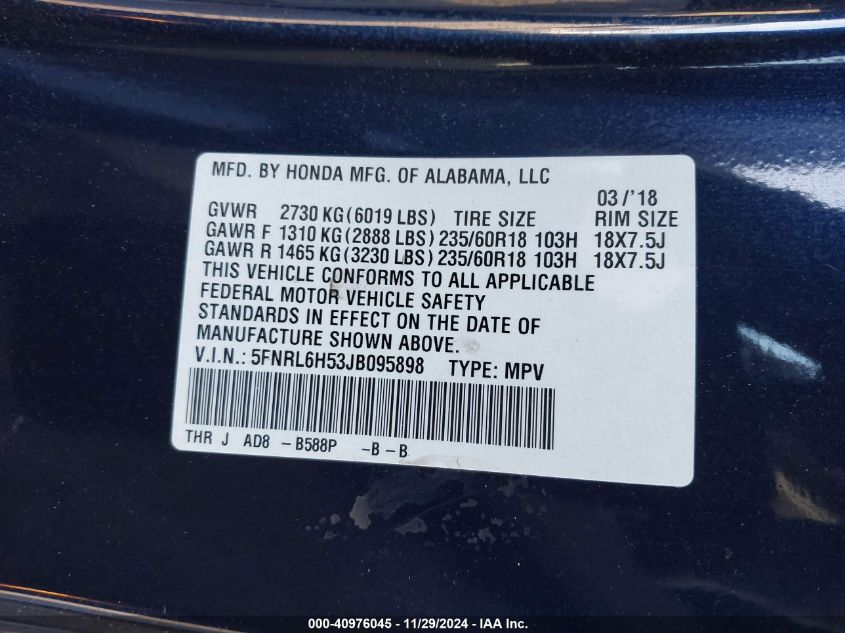 VIN 5FNRL6H53JB095898 2018 HONDA ODYSSEY no.9