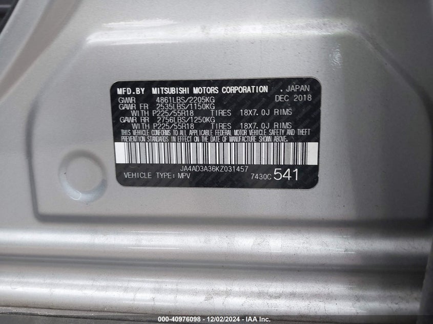 2019 MITSUBISHI OUTLANDER LE VIN: JA4AD3A36KZ031457