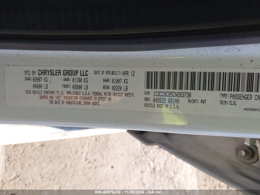 2012 CHRYSLER 200 VIN: 1C3CCBCB5CN263738