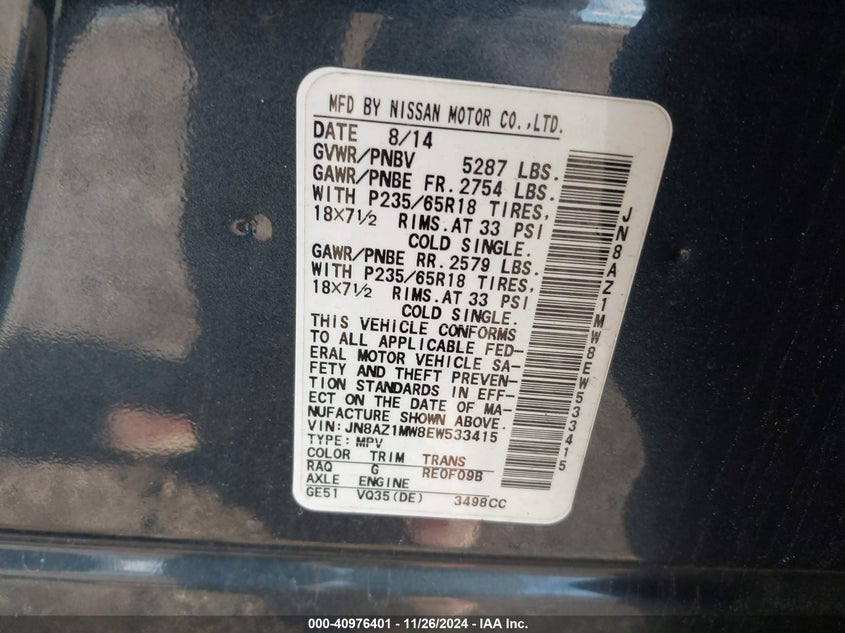 2014 Nissan Murano Sl VIN: JN8AZ1MW8EW533415 Lot: 40976401