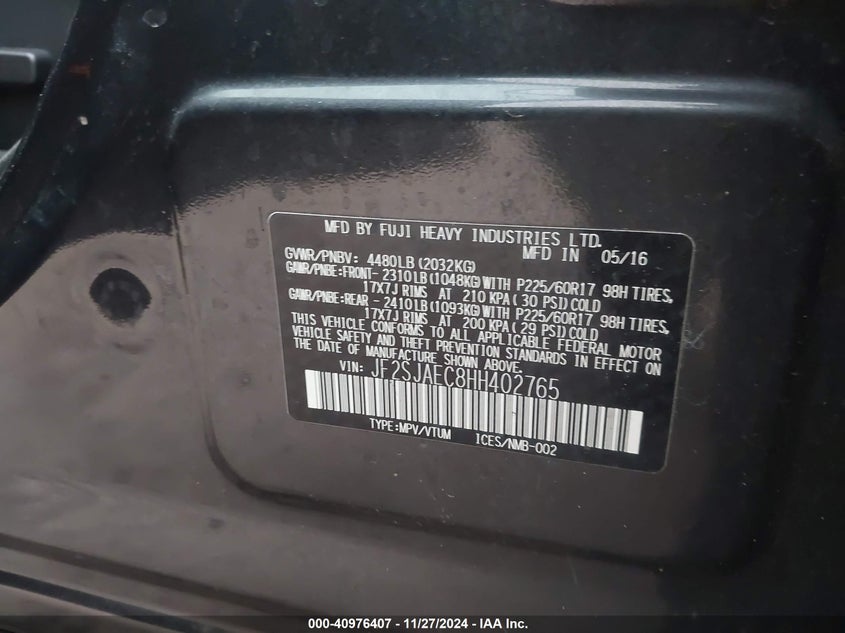 2017 SUBARU FORESTER 2.5I PREMIUM - JF2SJAEC8HH402765