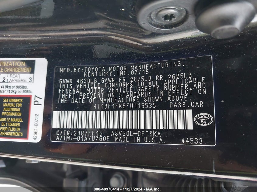 2015 TOYOTA CAMRY VIN: 4T1BF1FK5FU115535