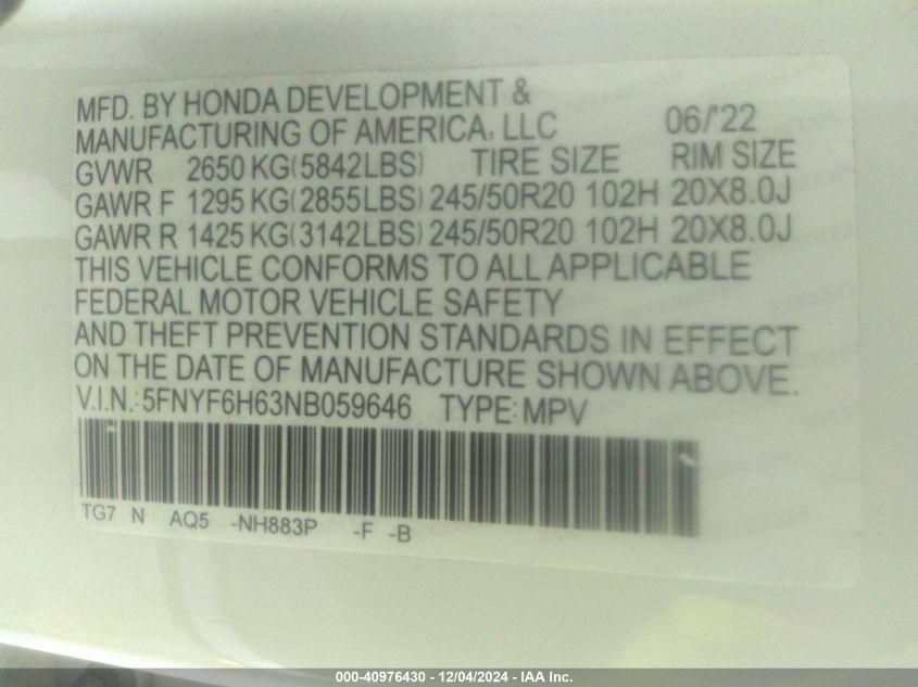 VIN 5FNYF6H63NB059646 2022 HONDA PILOT no.9