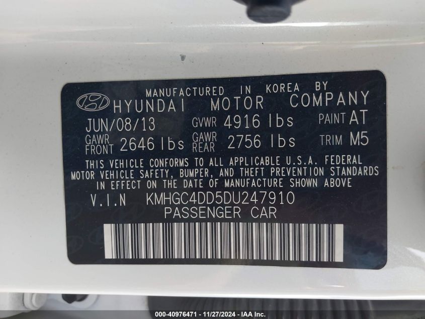 2013 Hyundai Genesis 3.8 VIN: KMHGC4DD5DU247910 Lot: 40976471