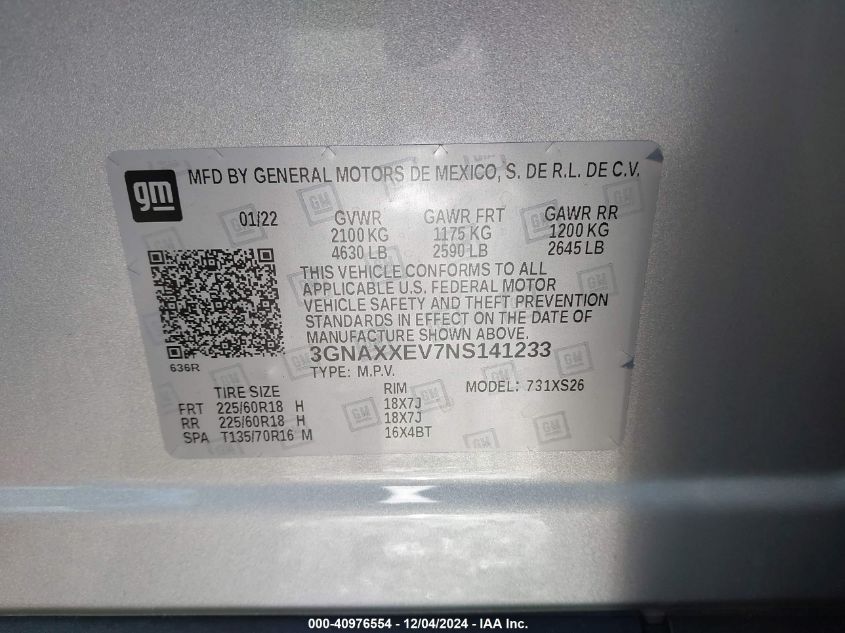 VIN 3GNAXXEV7NS141233 2022 Chevrolet Equinox, Awd P... no.9