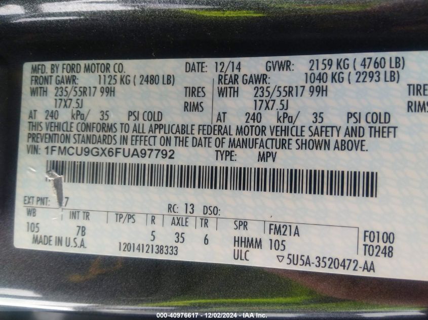 VIN 1FMCU9GX6FUA97792 2015 Ford Escape, SE no.9