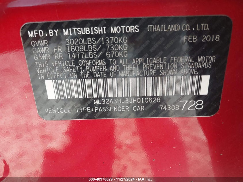 VIN ML32A3HJ3JH010628 2018 MITSUBISHI MIRAGE ES