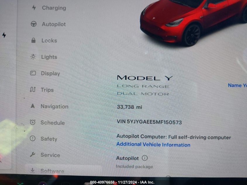 2021 Tesla Model Y Long Range Dual Motor All-Wheel Drive VIN: 5YJYGAEE5MF150573 Lot: 40976658