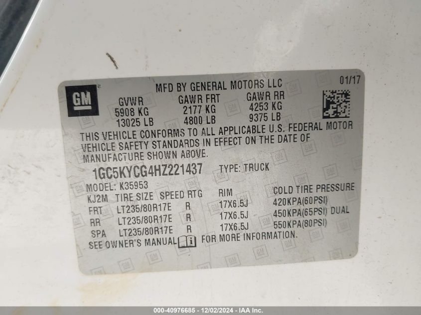 2017 Chevrolet Silverado 3500Hd Wt VIN: 1GC5KYCG4HZ221437 Lot: 40976685