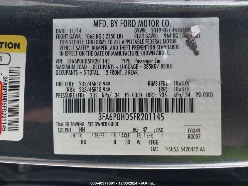 VIN 3FA6P0HD5FR201145 2015 Ford Fusion, SE no.9