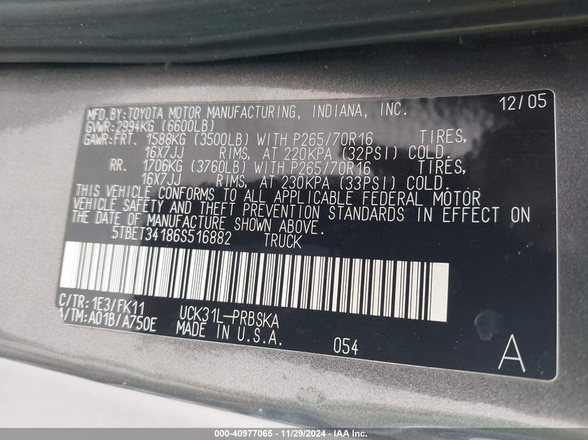 2006 TOYOTA TUNDRA VIN: 5TBET34186S516882