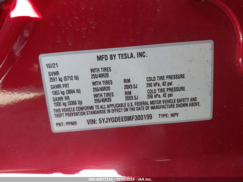 VIN 5YJYGDEE0MF300199 2021 Tesla Model Y, Long Rang... no.9