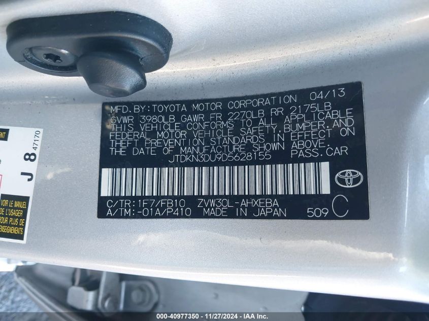 VIN JTDKN3DU9D5628155 2013 Toyota Prius, Three no.9