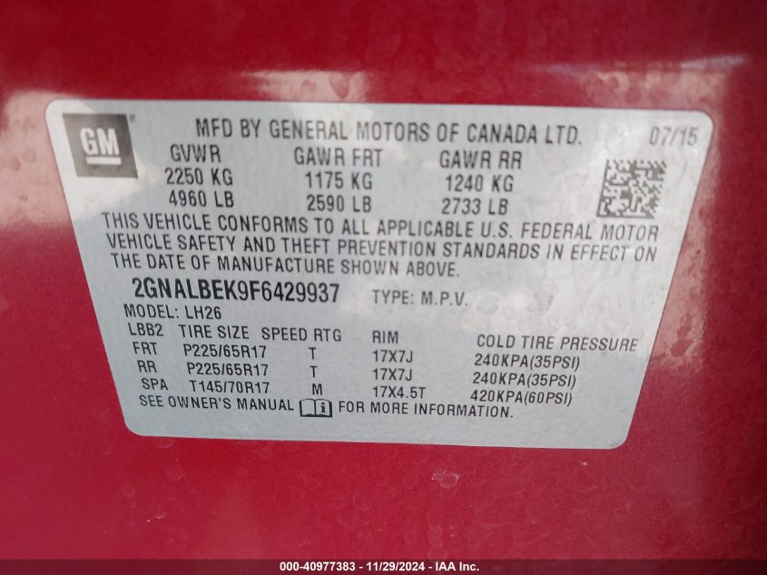 VIN 2GNALBEK9F6429937 2015 CHEVROLET EQUINOX no.9