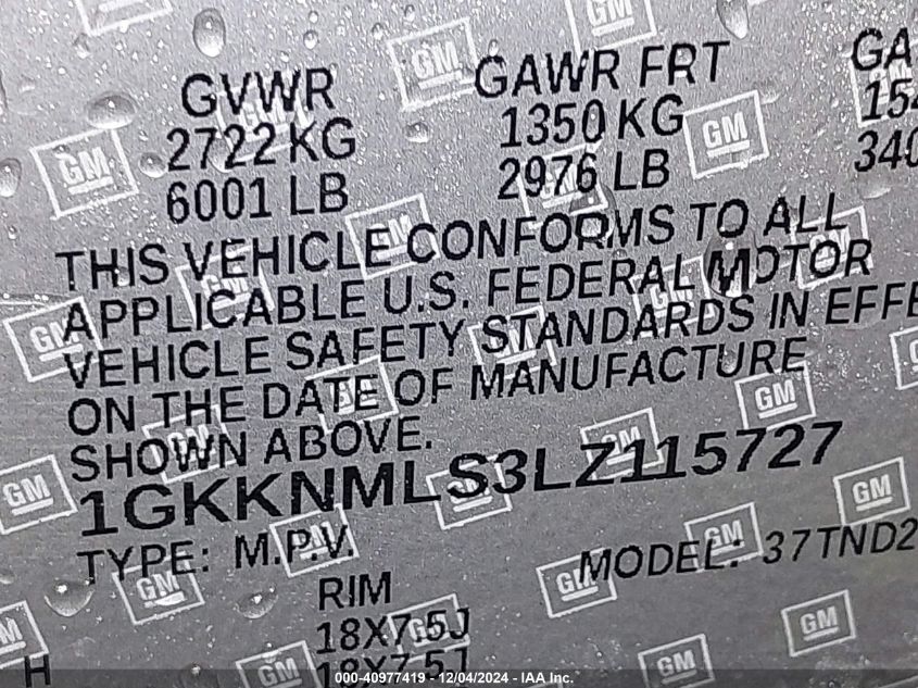 VIN 1GKKNMLS3LZ115727 2020 GMC ACADIA no.9