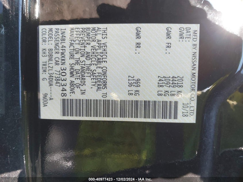 2019 NISSAN ALTIMA VIN: 1N4BL4FWXKN303348