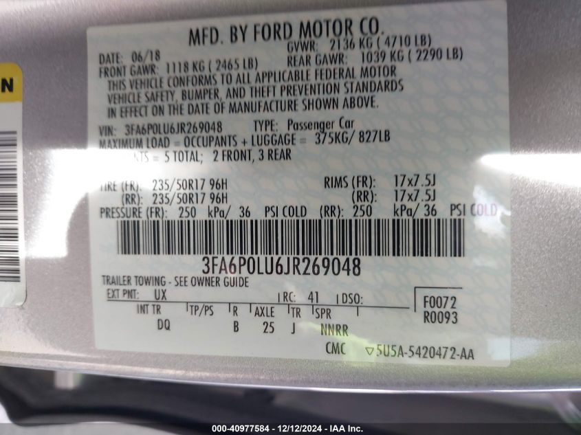 VIN 3FA6P0LU6JR269048 2018 Ford Fusion, Hybrid SE no.9