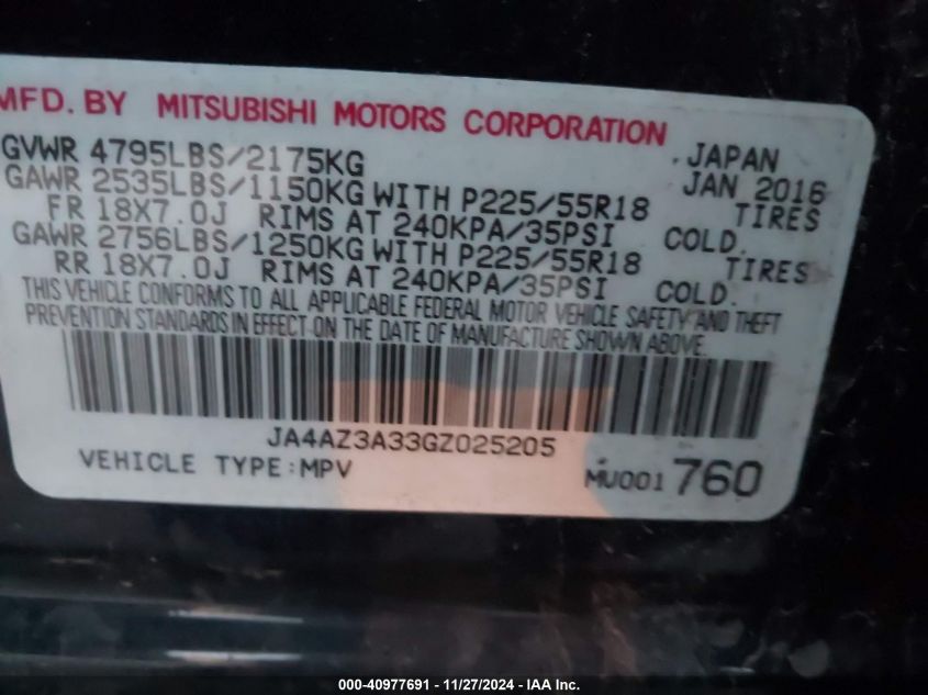 2016 Mitsubishi Outlander Se VIN: JA4AZ3A33GZ025205 Lot: 40977691