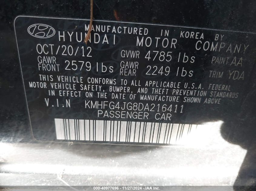 VIN KMHFG4JG8DA216411 2013 HYUNDAI AZERA no.9