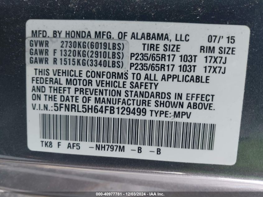 VIN 5FNRL5H64FB129499 2015 Honda Odyssey, Ex-L no.9