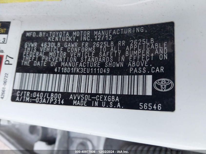 VIN 4T1BD1FK3EU111049 2014 Toyota Camry, Hybrid Xle no.9