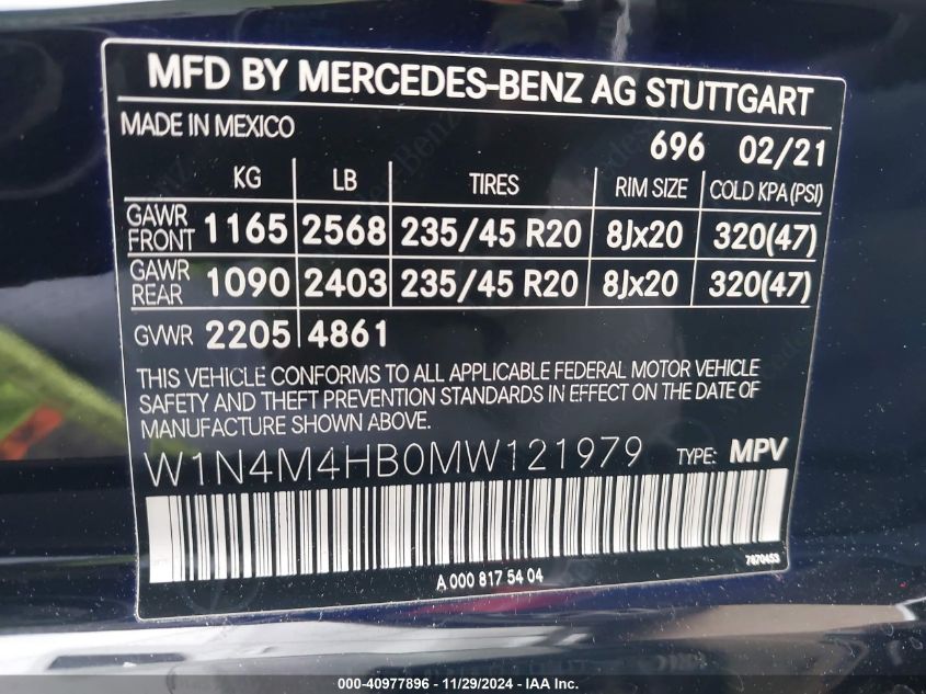 VIN W1N4M4HB0MW121979 2021 Mercedes-Benz GLB-Class,... no.9