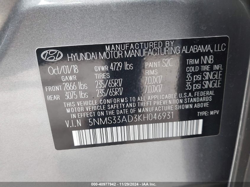 VIN 5NMS33AD3KH046931 2019 HYUNDAI SANTA FE no.9