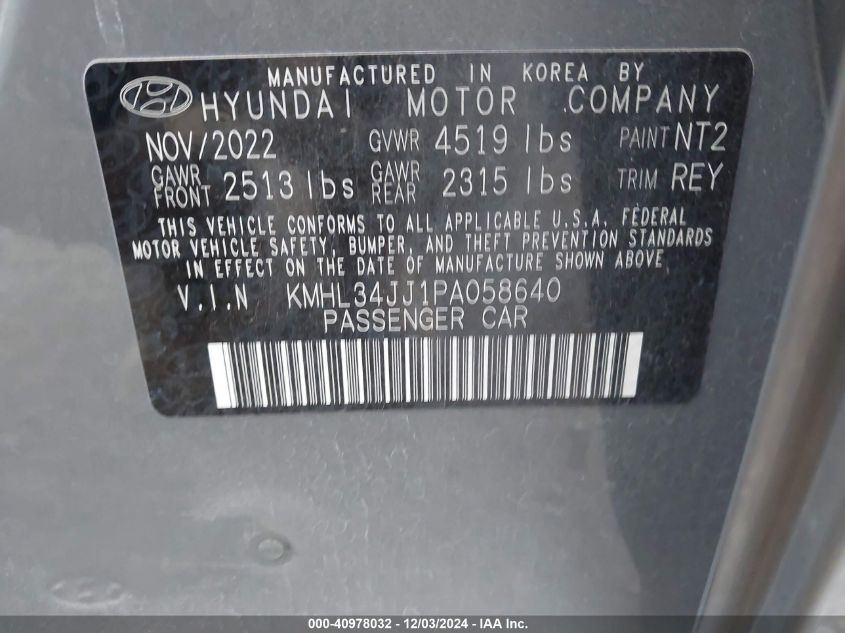 2023 Hyundai Sonata Hybrid Sel VIN: KMHL34JJ1PA058640 Lot: 40978032