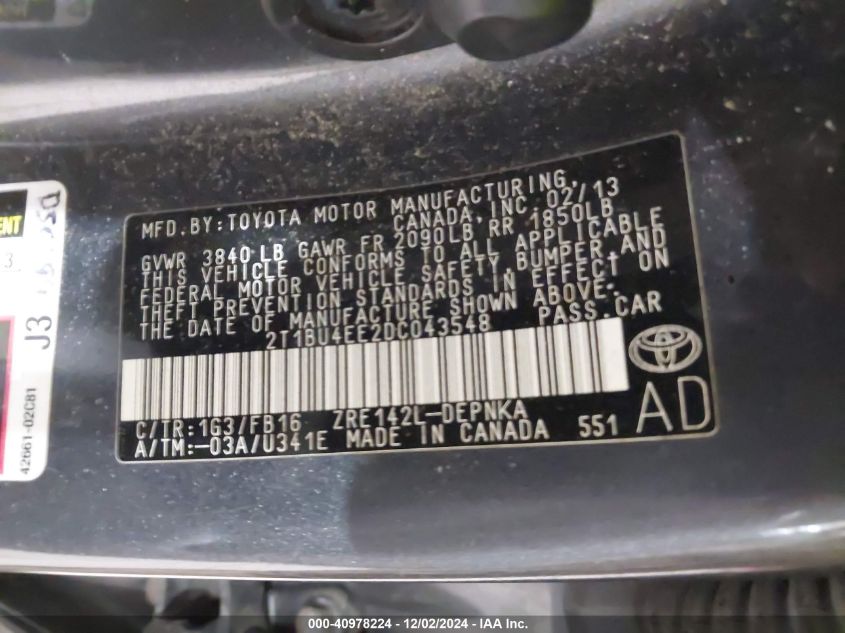 VIN 2T1BU4EE2DC043548 2013 Toyota Corolla, LE no.9