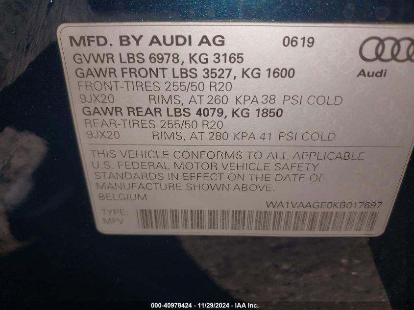 VIN WA1VAAGE0KB017697 2019 Audi E-Tron, Premium Plus no.9