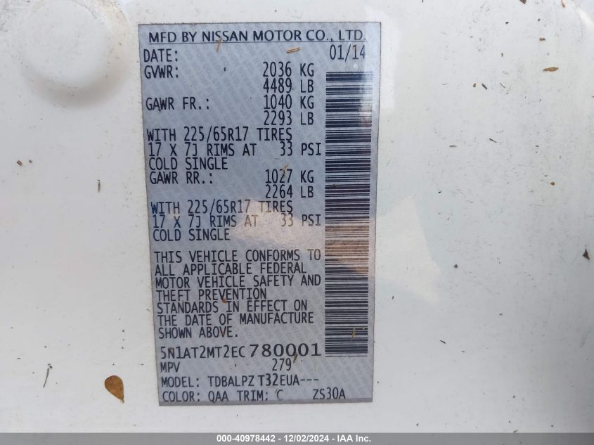 VIN 5N1AT2MT2EC780001 2014 Nissan Rogue, S no.9