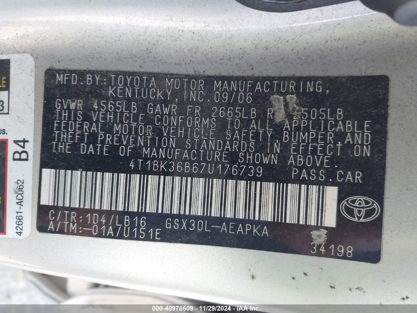 2007 Toyota Avalon Limited VIN: 4T1BK36B37U176739 Lot: 40978609