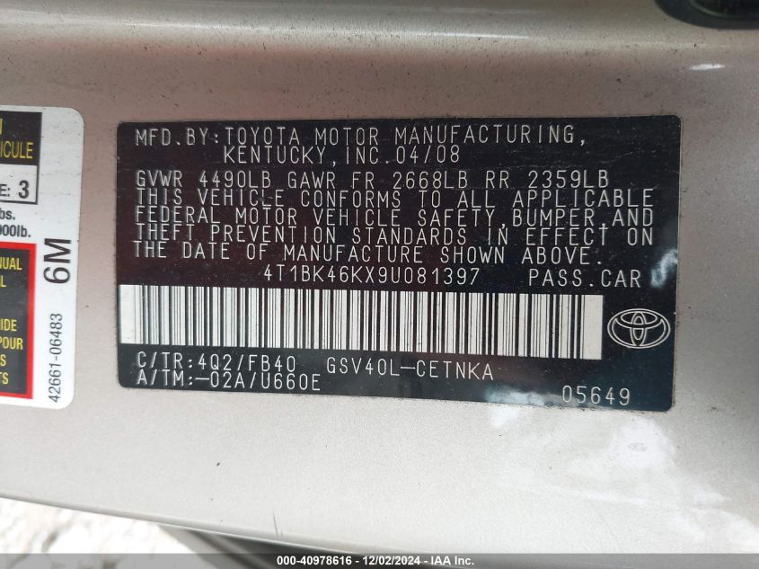 2009 Toyota Camry VIN: 2009 Lot: 40978616