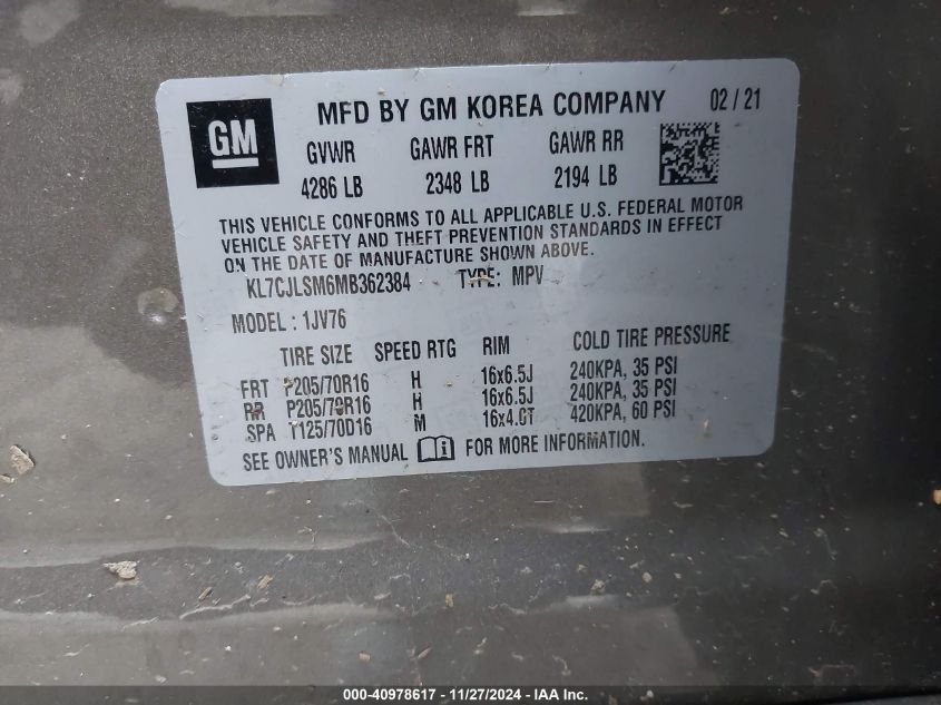 VIN KL7CJLSM6MB362384 2021 CHEVROLET TRAX no.9