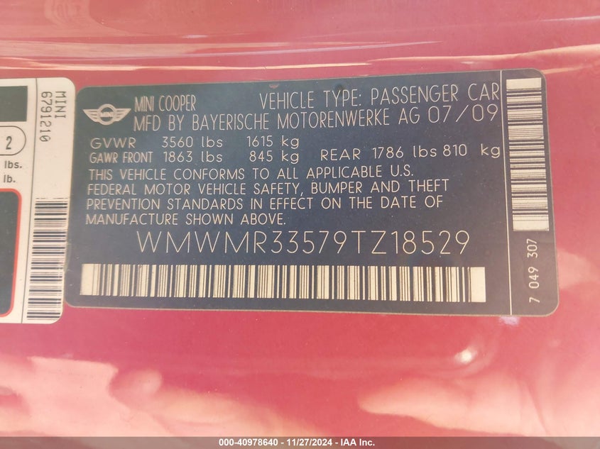 2009 MINI COOPER VIN: WMWMR33579TZ18529