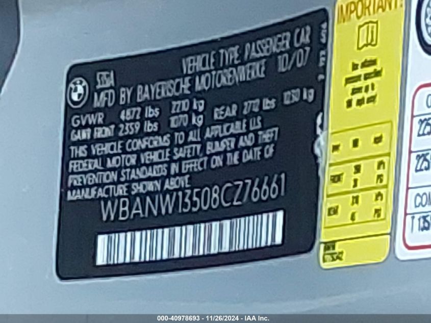 2008 BMW 535I VIN: WBANW13508CZ76661 Lot: 40978693