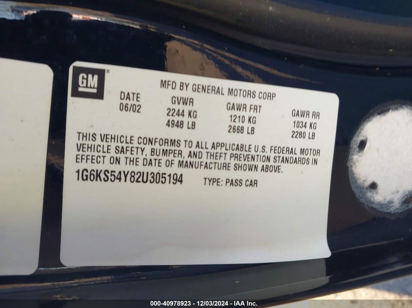 2002 Cadillac Seville Sls VIN: 1G6KS54Y82U305194 Lot: 40978923