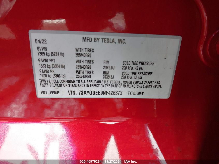 VIN 7SAYGDEE9NF426372 2022 TESLA MODEL Y no.9