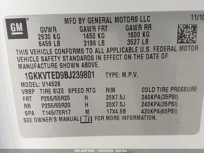 2011 GMC Acadia Denali VIN: 1GKKVTED9BJ239801 Lot: 40979262