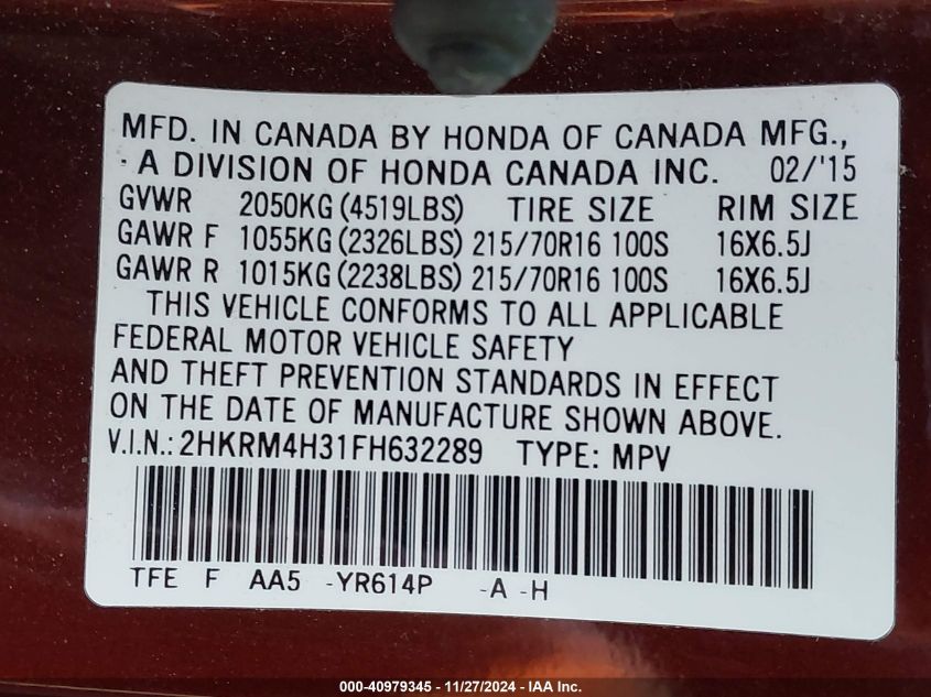 VIN 2HKRM4H31FH632289 2015 Honda CR-V, LX no.9