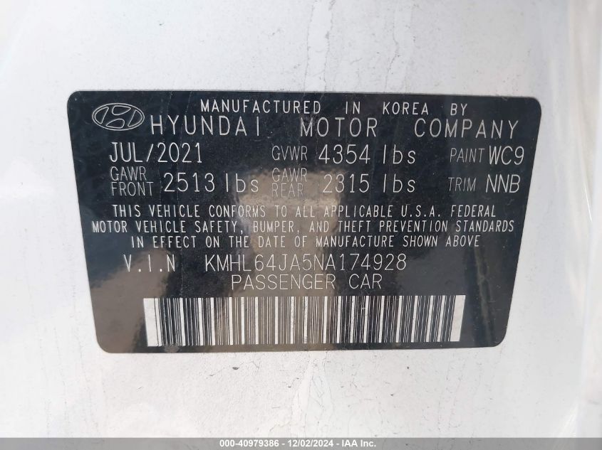 2022 Hyundai Sonata Sel VIN: KMHL64JA5NA174928 Lot: 40979386