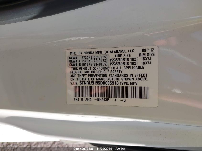 VIN 5FNRL5H95DB005913 2013 Honda Odyssey, Touring/T... no.9