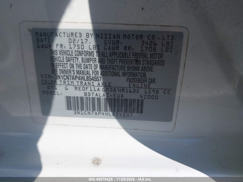 VIN 3N1CN7AP4HL854557 2017 Nissan Versa, 1.6 S+ no.9