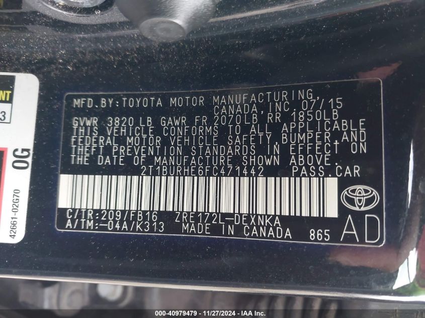 VIN 2T1BURHE6FC471442 2015 Toyota Corolla, LE no.9