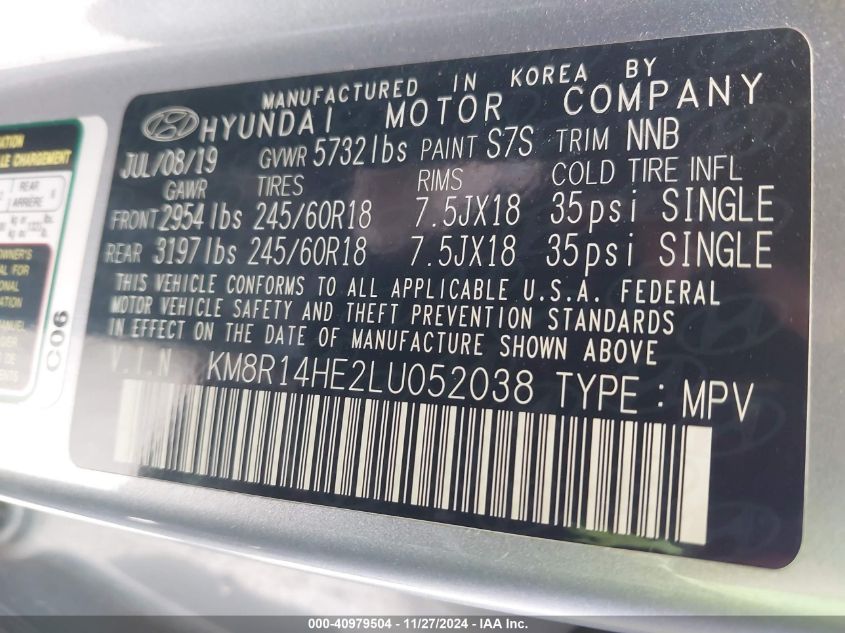 VIN KM8R14HE2LU052038 2020 Hyundai Palisade, SE no.9